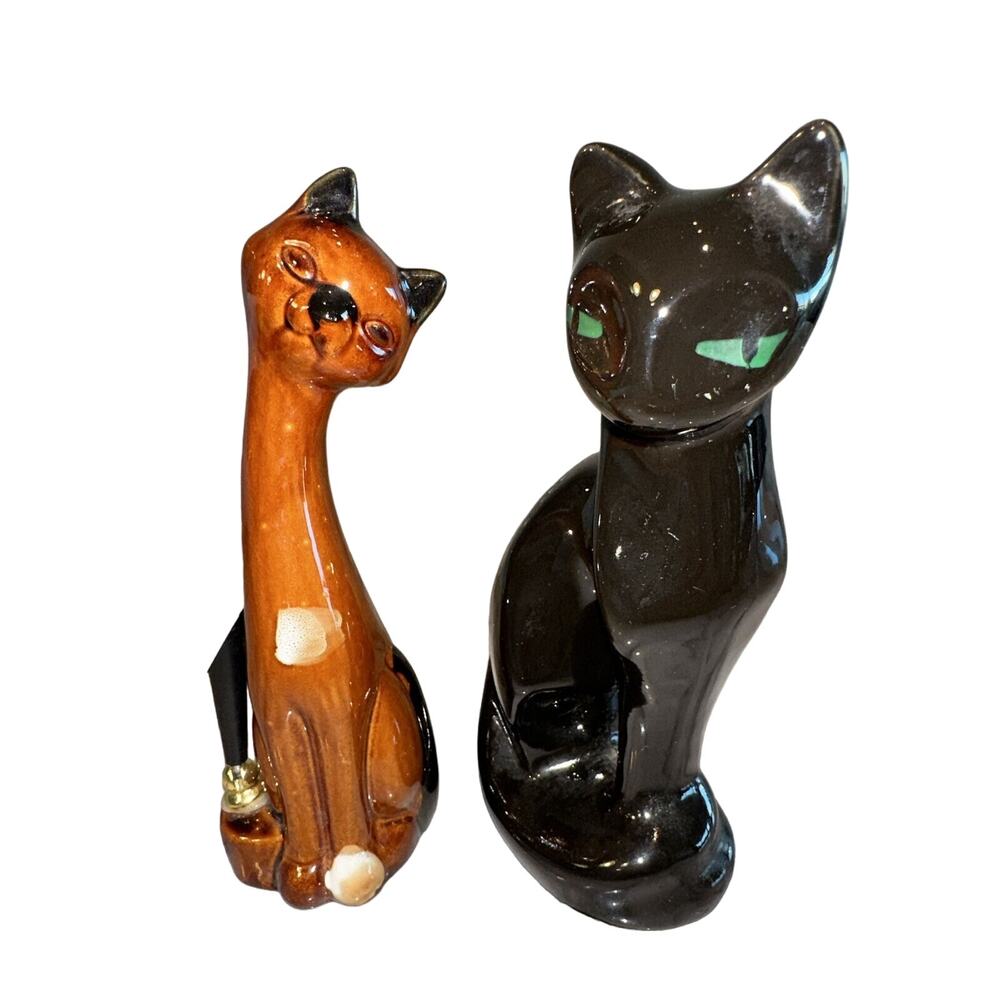 2 MCM Siamese Cat Statues Figurines Figures Long Neck Pen Holder Stand Ceramic